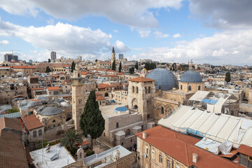 Fototapeta na wymiar bird’s eye panorama of the old city of Jerusalem, Church of the Holy Sepulchre view