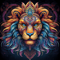 Lion face with mandala pattern in DMT style, a powerful symbol of wildlife