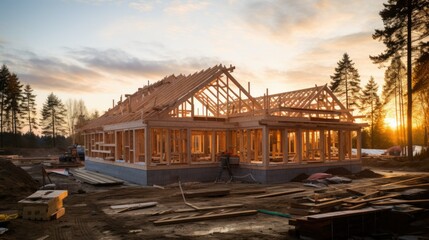 Fototapeta na wymiar Wooden house frame construction site bathed in sunset light