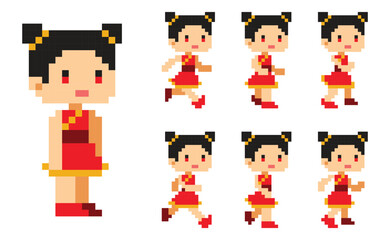 Pixel art chinese girl character run animation