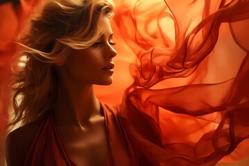 Dynamic profile shot of a model in action against a background of energetic reds and oranges