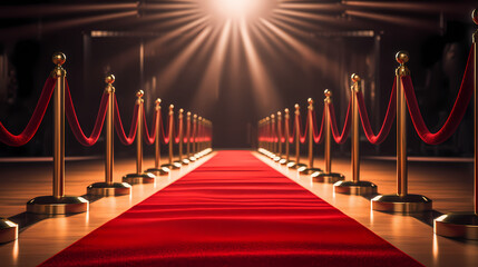 Red carpet on the stairs on dark background, the way to glory, victory and success