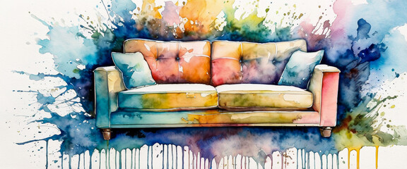 The luxurious sofa has several cushions. Watercolor style sofa illustration.