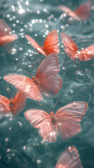 pink butterflies on the sparkling white water, beautiful curves, sunlight, spots, reflective
