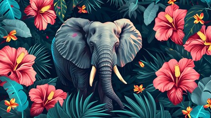 An artistic depiction of an elephant surrounded by tropical flowers and lush greenery.