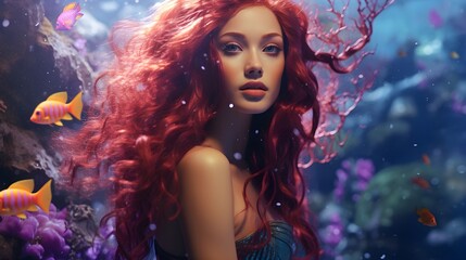 Obraz na płótnie Canvas Close up photo of real mermaid with purple red hair swimming underwater near coral reef with colorful fish, fantasy
