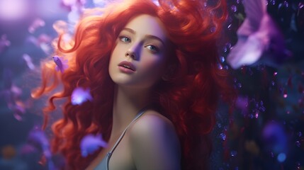 Fototapeta premium Close up photo of real mermaid with purple red hair swimming underwater near coral reef with colorful fish, fantasy