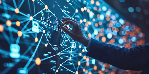 Digital Networking Concept, Blue Background with Futuristic Connections and High-Tech Cybernetic Elements