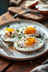 close up of fried eggs with yolk on a plate with spring onions for healthy food breakfast, brunch in scandinavian minimalist food design magazine editorial look
