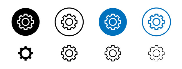 Settings line icon set. Cogwheel gear computer button symbol in black and blue color. - obrazy, fototapety, plakaty