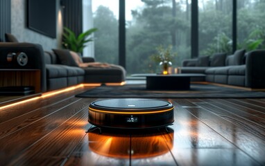 Obraz premium Robotic vacuum cleaner on the floor in cozy modern living room.