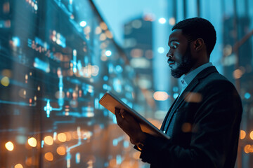handsome black african american businessman holding smart tablet screen in hands analyzing the world economy stock market. holographic web design. city skyscrapers in blurry background.
