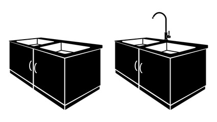 kitchen cabinet with sink and faucet, black, isolated silhouette