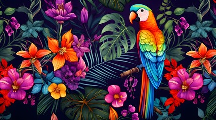 A colorful parrot among a vibrant array of tropical flowers and leaves.