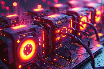 An artistic representation of a cryptocurrency mining rig with glowing lights, emphasizing the power of blockchain technology
