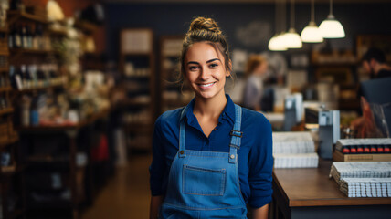 Portrait of confident young supermarket woman, clerk standing at counter. Bakery. Grocery store....