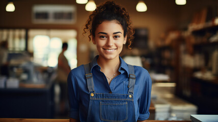 Portrait of confident young supermarket woman, clerk standing at counter. Bakery. Grocery store. Business, shopping concept