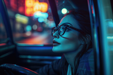 a beautiful woman in glasses is commuting home in a backseat of a taxi at night.