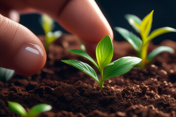 Nurturing fresh fresh seedling in soil close up.