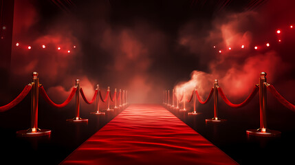 Luxurious and elegant red carpet staircase, holiday awards ceremony event - obrazy, fototapety, plakaty