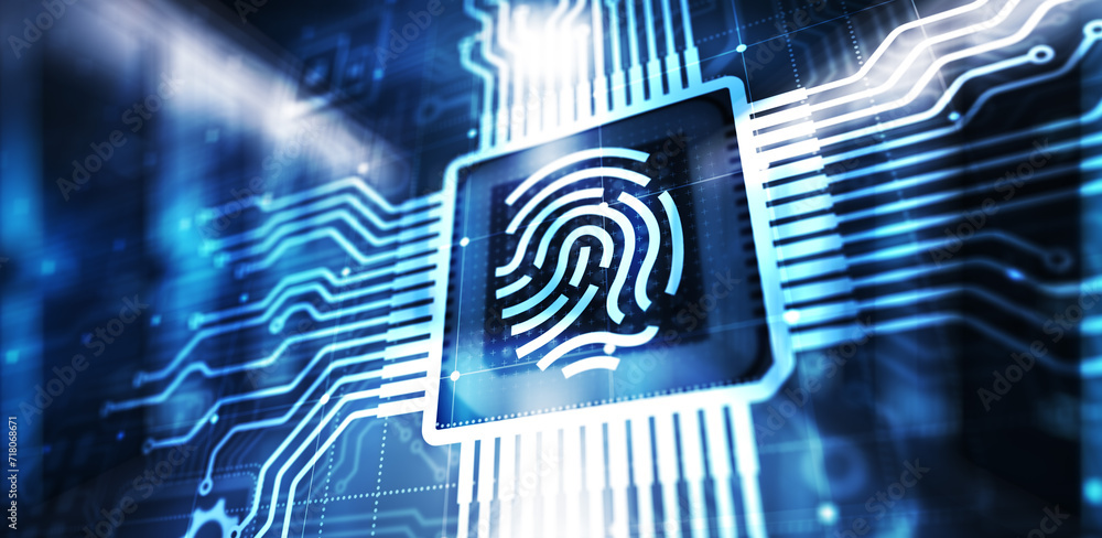 Poster fingerprint unlock cyber security data protection concept on virtual screen.