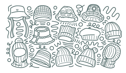 Doodle collection of various headwear on a white background, vector illustration.