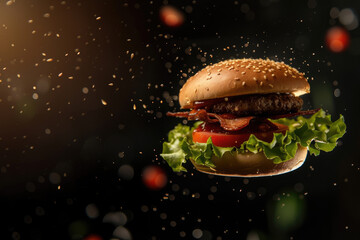 Template with delicious tasty hamburger flying on black wooden background
