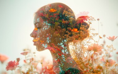 Abstract double exposure portrait of beautiful young woman face with flowers. Visual digital art. Double exposure effects.