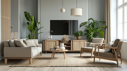 Fototapeta premium Home interior mockup, living room in pastel colors with wooden furniture. Generative Ai
