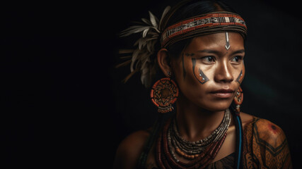 Portrait of a mature native indian woman wearing in the traditional headdress and ethnic jewelry on the black background with copy space