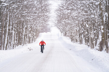 Fat biker riding his bicycle in the snow during Canadian winter