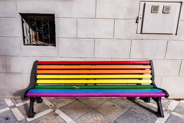 LGBTIQ+ bench with window in the old town of Villajoyosa