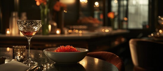 Fototapeta premium In the dimly lit dining room, a romantic still-life of a caviar dish on ice captivated the onlookers, its glistening pearls invitingly beckoning them to indulge in its luxurious taste.