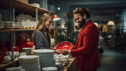 Couple shopping in supermarket. Sales clerk showing a ceramic plate and assisting a female customer in a ceramic store