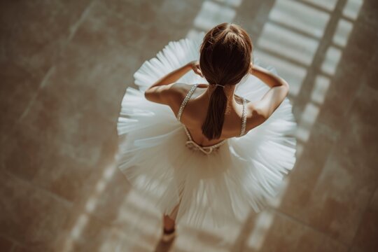 AI generated illustration of a graceful ballerina wearing a white outfit poses in a sunlit space