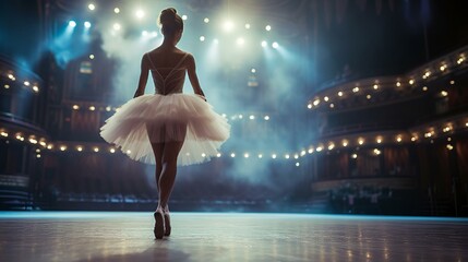 AI generated illustration of a ballerina in an elegant ball gown seen from behind on stage - obrazy, fototapety, plakaty