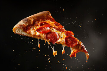 Template with delicious tasty slice of pepperoni pizza flying on black background
