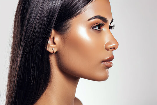 beautiful asian indian woman with hair. perfect face structure. isolated on white background.