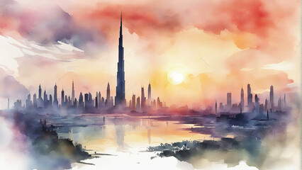 burj khalifa in watercolor painting - obrazy, fototapety, plakaty