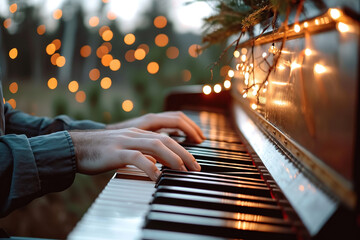 male hands of a person playing the piano pressing the keys. bokeh lights in the background. outside in the nature playing music instrument.