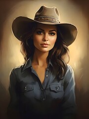 Portrait of a woman with cowboy hat. Generative AI