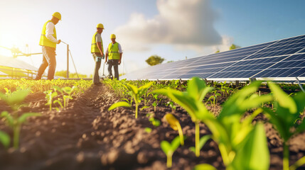 Technician walking in solar cell farm through field of solar panels - obrazy, fototapety, plakaty