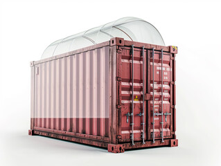 Sea cargo container under a glass dome on a white background. Concept of insurance, guarantee and protection of cargo delivery