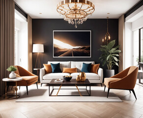The image showcases a modern and elegant living room with contemporary furniture and decor. The room is well-lit, thanks to the natural light coming in through the large windows.