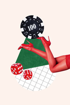 Photo collage artwork minimal picture of sexy lady wear red heels playing casino isolated beige color background
