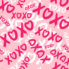 Pink graffiti clip art. Urban street style. Xoxo seamless pattern. Valentine day elements. Chaotic print. Y2k love sign. Splash effects and drops. Grunge and spray texture.