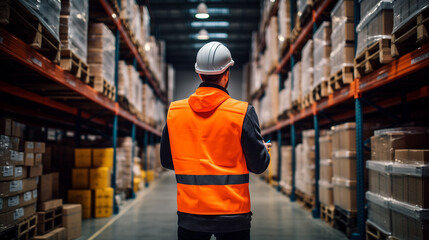 Professional worker wearing safety vest and hard hat looking information the tablet. In the background big warehouse with shelves full of delivery goods.