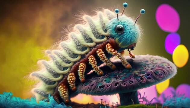 Fantasy caterpillar on a mushroom. 3d render illustration. Generative AI.