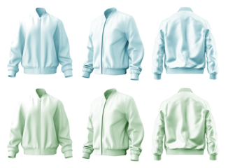2 Set of pastel green turquoise blue, unisex bomber jacket with full zip zipper collar, front back side view on transparent background cutout, PNG file. Mockup template for artwork graphic design