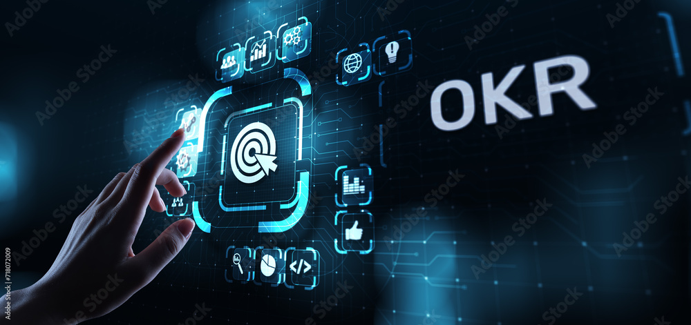 Poster objective key results business technology process improvement concept on virtual screen.